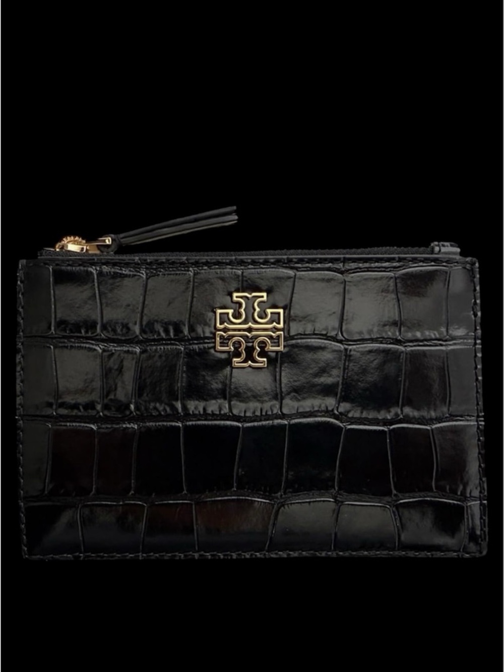 Tory Burch Black Croc-Embossed Zip slip back small Wallet with Gold Logo